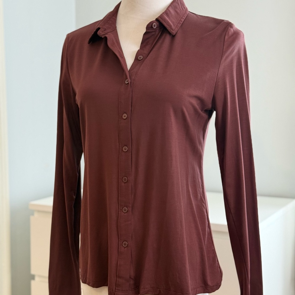 LOFT Burgundy Fluid Jersey Button Down Shirt